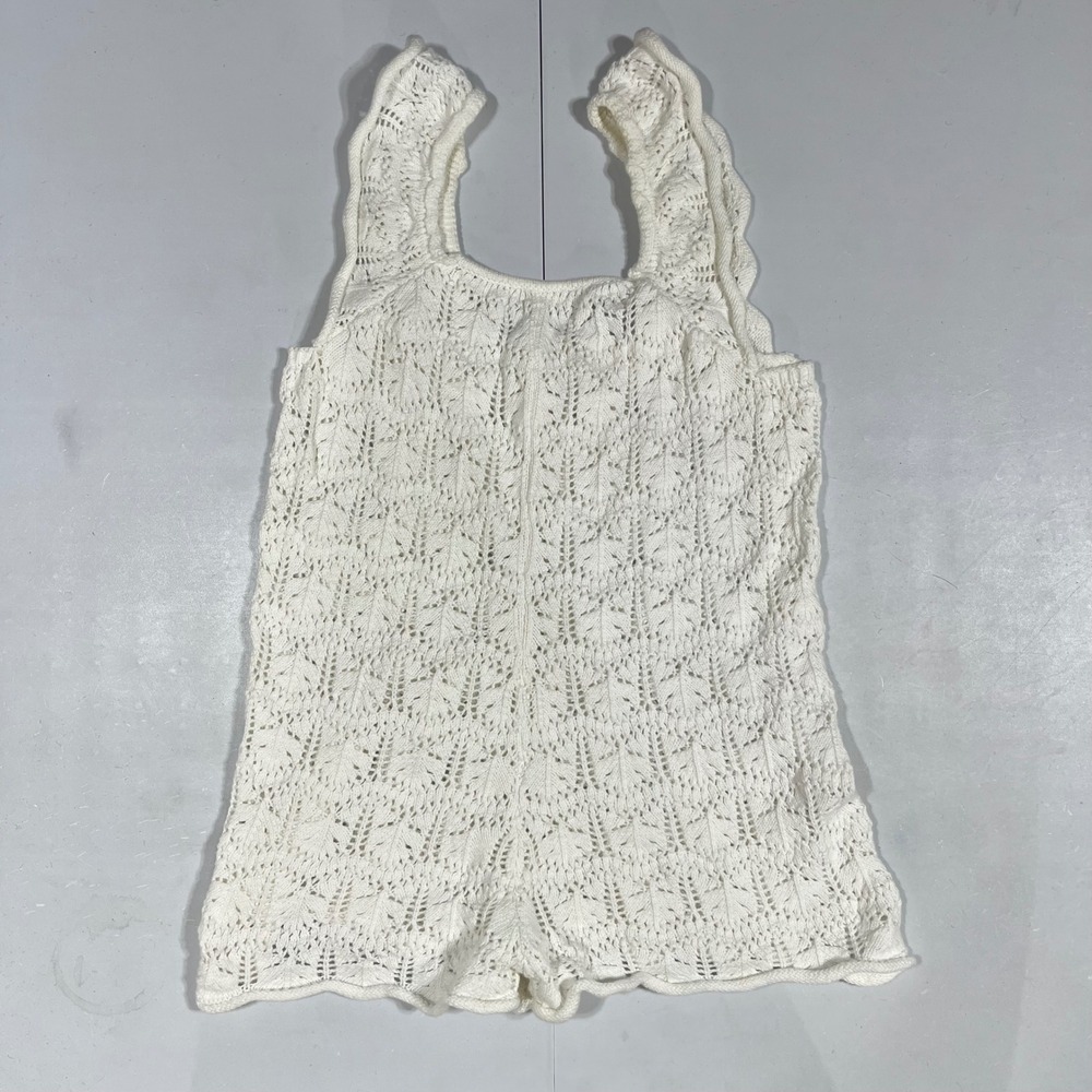 Zara Kids Girls Cream Pointelle Boho Knit Ruffle Romper Size 4-5 Cottagecore